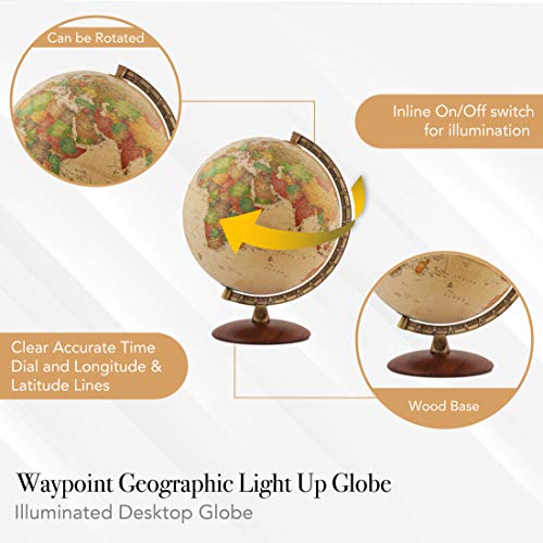 Waypoint Geographic Light Up Globe - Como 12” Desk Decorative Illuminated Antique Ocean Style with Stand, Up to Date World Globe
