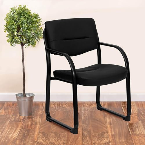 Scranton & Co Leather Executive Side Guest Chair, Black Finish, Tubular Steel Frame, Padded Contoured Cushions, Integrated Arms, Sled Base Design, Waterfall Seat, Office or Reception Room Seating
