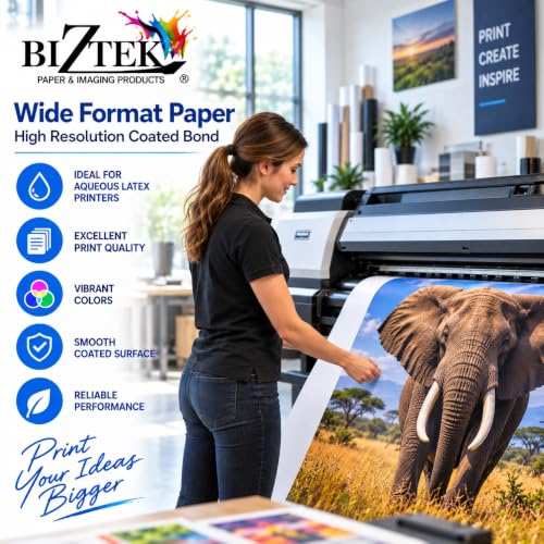 BIZTEK Wide Format Paper 24" x 150' High Resolution Coated Bond Inkjet 24lb with 3"core and 2”core adapter. For Aqueous Latex Printers, 1 roll/carton