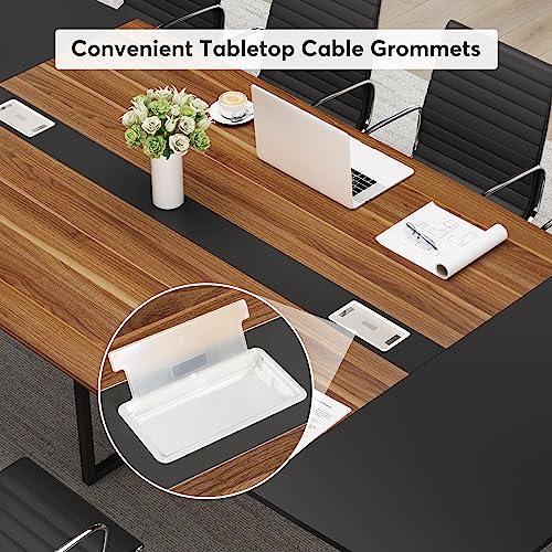 Tribesigns 8FT Conference Table, 94.48L x 47.24W x 29.52H Inches Boat Shaped Meeting Table with Rectangle Grommet, Modern Seminar Boardroom Table for Office Conference Room (8ft, Walnut & Black)