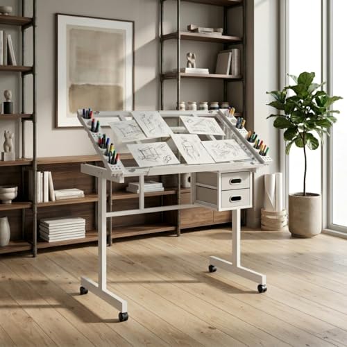 TYMMC Adjustable Glass Top Drafting Table Art Drawing Craft Station with 2 Fabric Drawers and 4 Wheels for Drawing Painting Crafting White
