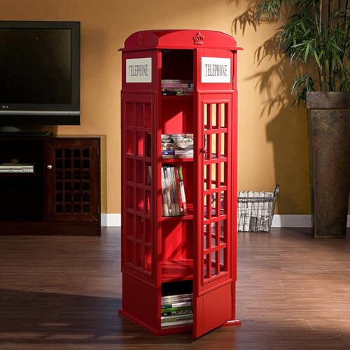 Wooden Telephone Standing Bookshelf Vintage,5-Tier Floor Booth with Acrylic Door,Living Room Storage Display Bookshelf,for bookstores, Living Rooms, and cafes(Red)