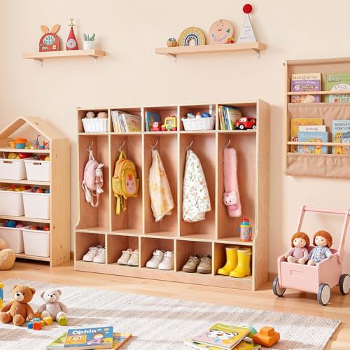 VEVOR 5-Section Coat Locker with Bench, Kids Lockers with 10 Hooks & Non-Slip Mat, Classroom Cubbies for Daycare, Home, Kindergarten- Natural
