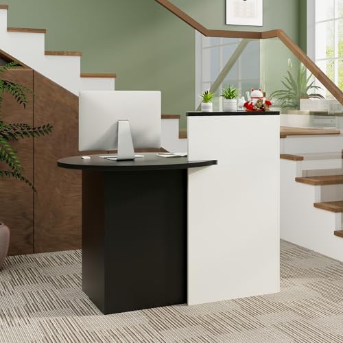 SILKYDRY Reception Desk, Small Retail Checkout Counter with Lockable Drawer and Open Shelves, Wooden Front Desk Reception Counter, Oval Desktop & L Counter for Store Office Lobby Salon (Black & White)