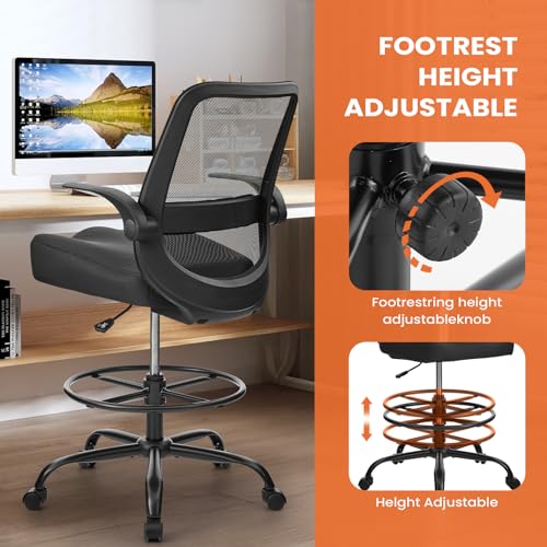 KWKSV Drafting Chair for Standing Desks, 500LBS Capacity Tall Office Chair with Adjustable Height, Foot Ring, Flip-Up Armrests, Thick Curved Seat for Home Office, Drawing, and Creative Work