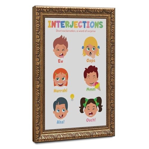 wangpaihui INTERJECTIONS FOR KIDS Parts of Speech English Grammar Chart Language Arts Classroom Educational Poster Canvas for Classroom School Therapy Room Retro Gold Frame24 L X 36" W