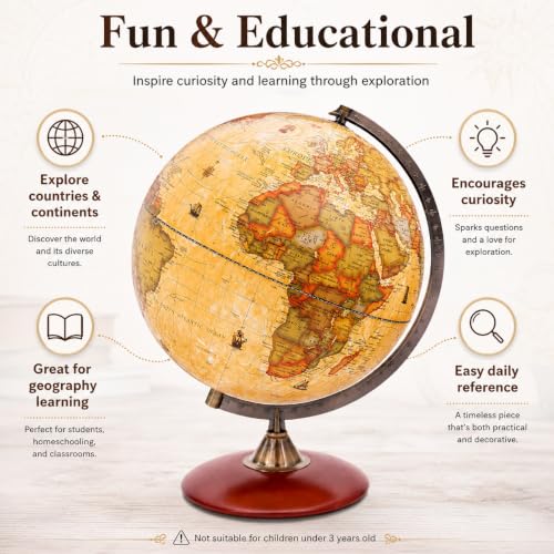 Exerz 12 Inches Antique World Globe Rotating Vintage Color Modern Map