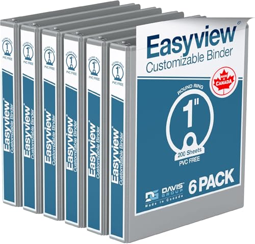 Easyview 3-Ring Binder, Clear-View Cover, 1" Round Rings, Gray, 6 Pack