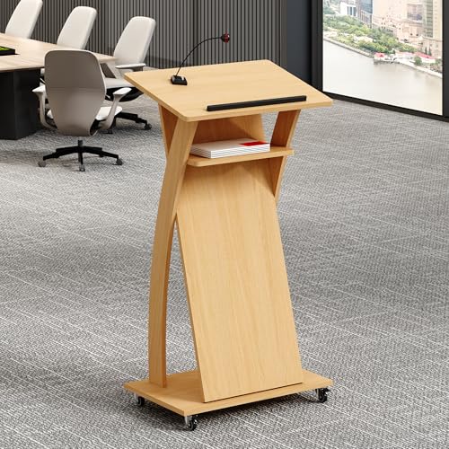 Xibolai Mobile Wooden Podium Stand with Wheels Lectern Oak Color 16MM Wood Board Elegant Design Wooden Pulpit for Churches Seminars and Schools