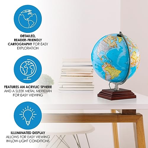 Waypoint Geographic Odyssey Plus Illuminated Globe, 12" Blue Ocean-Style World Globe, Up-to-Date, Light-Up, for Home and Office Decor, 17.5“ H x 13.5“ W x 12“ D