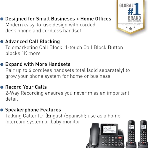 Panasonic Corded Phone/Cordless Phone with Answering Machine, Advanced Call Block and 2-Way Recording, 2 Handsets Expandable up to 6 Cordless Handsets, Landline Telephone - KX-TGF852B (Black)