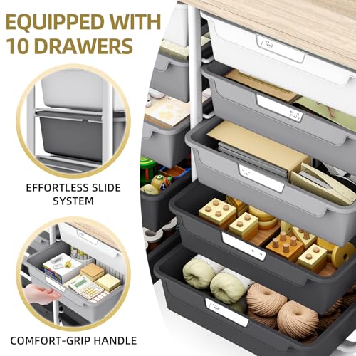 10 Drawer Rolling Storage Cart with Wood Top for Classroom Crafts Grey