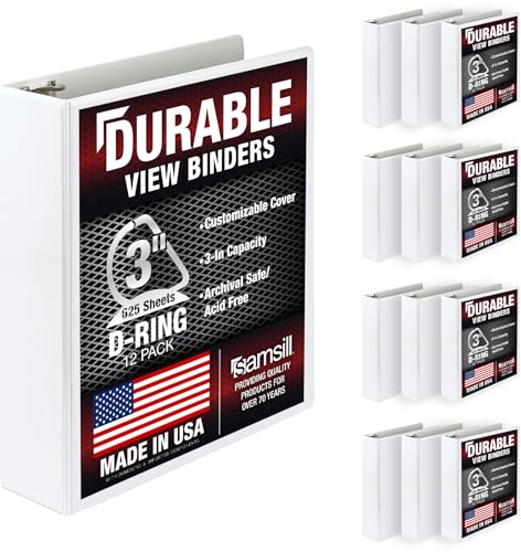 Samsill Durable 3 inch 3 Ring Binder, D Ring Binder, 100% Recycled Chipboard, White, 12 Pack