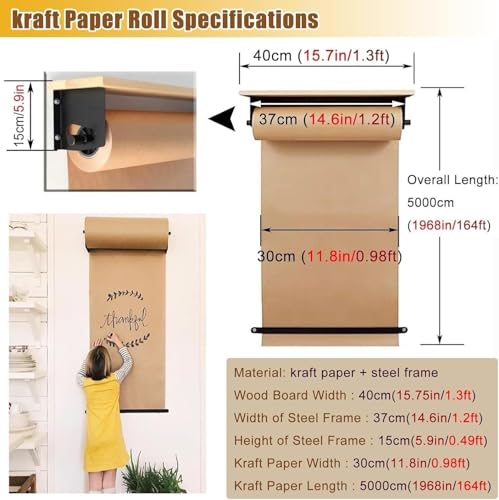 ERoomQ Kraft Paper roll Wall Mounted Craft Paper Roll Holder, Black Dispenser Cutter with 50m Kraft Paper Roll, Note Holder (Style 2 37cm/14.6in Wide)