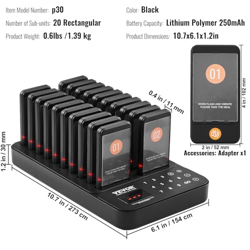 VEVOR Restaurant Pager System,Touch Screen Keyboad Wireless Long Range Lineup Waiting Queue Signal, Guest Customer Calling Beepers with Vibration & Flashing, 20 Buzzers