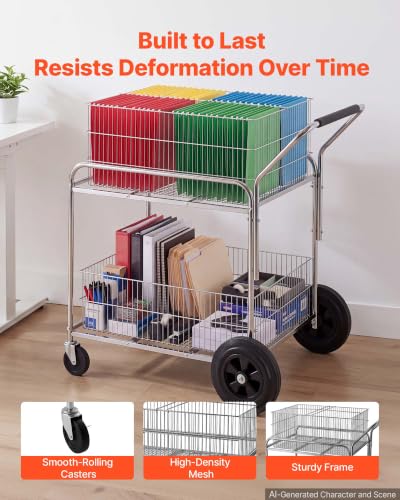 VEVOR Rolling File Cart 2-Tier Mobile Wire Mail Cart with Lockable Wheels