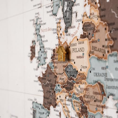 Canvas World Map with Cork Pin Board - English Lettering - Decorative Wall Decoration for All Rooms - Canvas Pictures with World Map Motif (90x60 cm, Pattern 25)