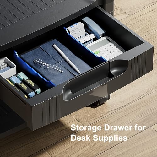 HUANUO Printer Stand with Cable Management and Storage Drawer, Printer Table with Locking Wheels, 14.1-inch Maximum Height Printer Cart for Under Desk, Home, Office, HNDPS