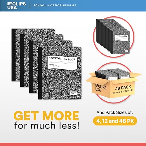 E-CLIPS USA Composition Notebooks, Unruled Composition Notebook, Hard Cover Marble Composition Notebook, 100 sheets, 9.75″ x 7.25″ (24)