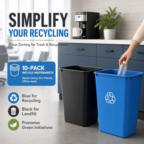 SunSierra 10 Pack, Recycle Wastebasket, 41 Qt./10 Gallon Rectangular Wastebasket/Trash Can Kit - Space Saving Recycling Bin, Narrow Spaces in Commercial, Kitchen, Home, Office, and Dorm - Black