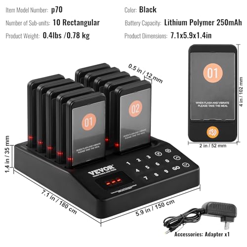 VEVOR Restaurant Pager System,Touch Screen Keyboad Wireless Long Range Lineup Waiting Queue Signal, Guest Customer Calling Beepers with Vibration & Flashing, 10 Buzzers