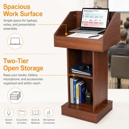 BGEDL Wood Podium, Floor Standing Podium Speaking Lectern Stand, Portable Podium Stand with Storage, Wooden Podium Pulpit for Churches Classroom Office