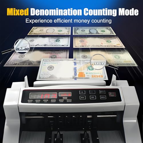 Awjaisca Advanced Money Counter Machine with UV/MG/IR Counterfeit Detection,LCD Display, Add & Batch Modes - Accurate Value Count & Mix Denomination for Bank & Supermarket Use White