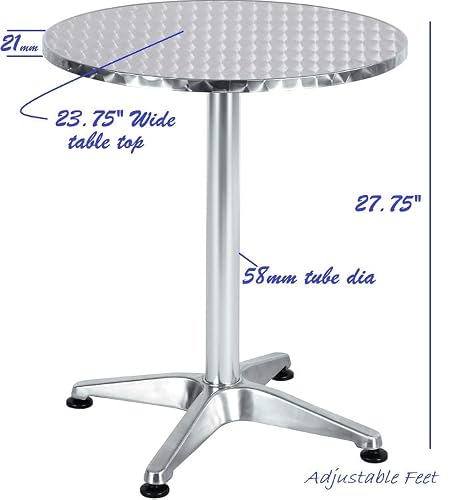 BTEXPERT Gray Indoor Outdoor 23.75" Restaurant Stainless Steel Silver Aluminum + 4 Metal Slat Stack Lightweight, 4 Chairs with a Round Table