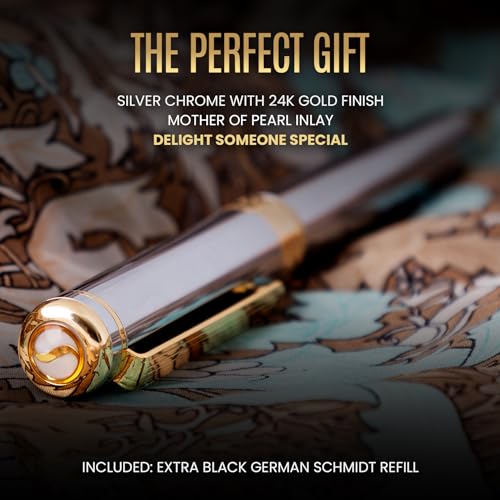 Scriveiner Silver Chrome Rollerball Pen - Stunning Luxury Pen, Real Gold Plating, Schmidt Ink Refill, Best Roller Ball Pen Gift Set for Men & Women, Professional, Executive Office, Fancy Pens