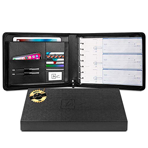 Inkline 7 Ring Check Binder Portfolio -Professional PU Leather Binder with Zippered Closure -500 Check Capacity -9x13 Inch Sheets -Document & Card Organizer - Large Tablet Pocket - Black (80001)