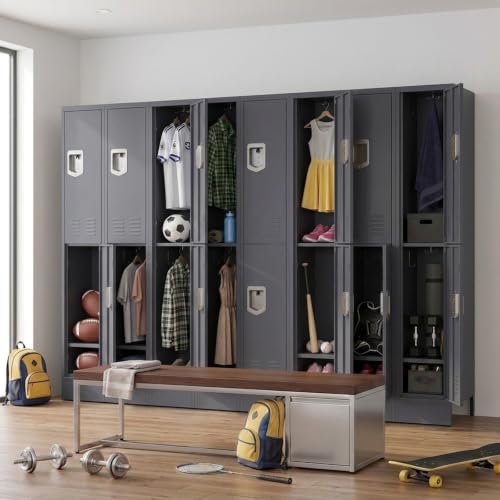 KAER Metal Locker for Employees, Office Storage Locker with 2 Doors, Lockable Steel Employee Lockers with Shelves and Hooks, Locker Organizer for Home Office School Gym Garage, Grey