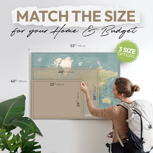 Premium Detailed World Map Pinboard on Canvas | Interactive Map with Pins | Perfect for Marking Your Adventures and Memories | Pin Adventure map (32 x 24)