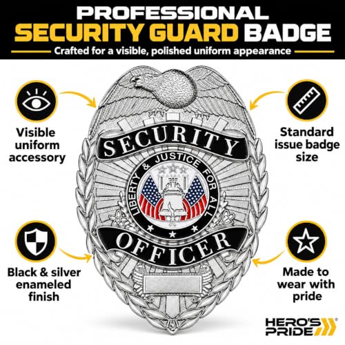 Hero’s Pride Professional Security Guard Badge - Black & Silver Enameled Finish - 2.25" x 3.125" with Secure 5-Piece Pin Catch