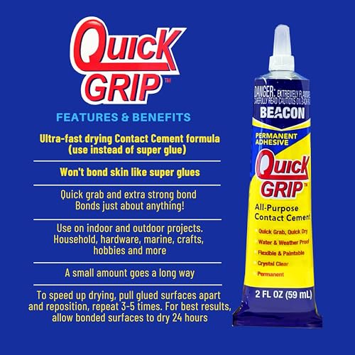 BEACON Quick Grip Permanent Adhesive - Fast-Drying, Crystal-Clear & Weather-Proof Glue for Ceramics, Wood, and More, 2-Ounce, 12-Pack