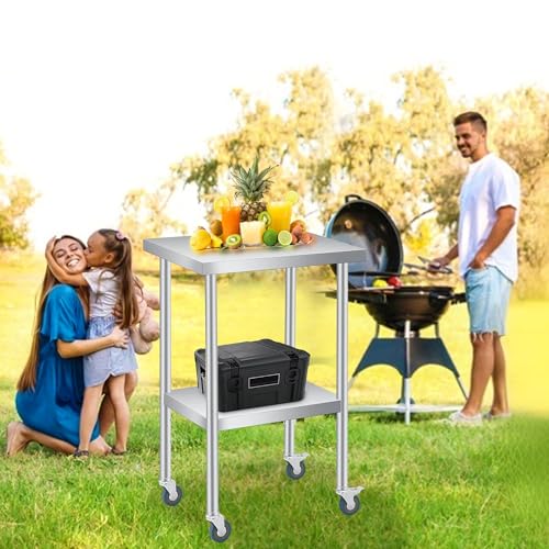 36"X24" Stainless Steel Work Table – Heavy Duty Food Prep Table with 4 Wheels & Casters – for Commercial Kitchen, Garage Restaurant Backyard