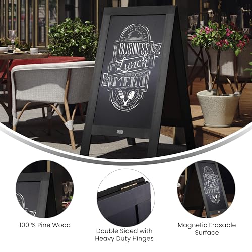 BizChair Magnetic Chalkboard Sign Set - Black Wood Frame - 48" x 24" - Indoor/Outdoor - Includes 8 Chalk Markers, 10 Stencils, 2 Magnets