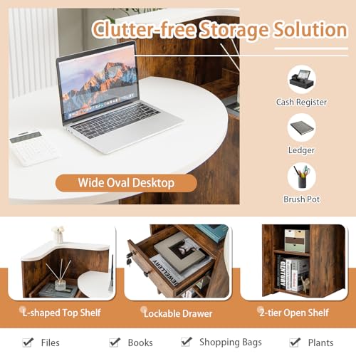 SILKYDRY Reception Desk, Small Retail Checkout Counter with Lockable Drawer and Open Shelves, Wooden Front Desk Reception Counter, Oval Desktop & L Counter for Store Office Lobby Salon (Brown)