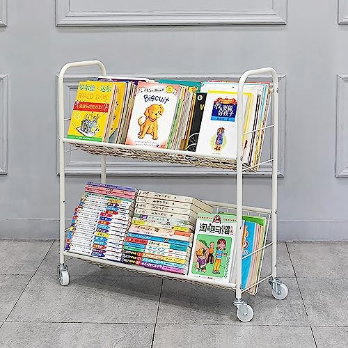 UWYTGF Rolling Book Cart - Moveable Metal Bookshelf Organizer with Wheels, Multifunctional Storage Trolley for Office, Classroom, Library, Study Room,2,Tier