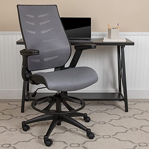 BizChair High Back Dark Gray Mesh Ergonomic Drafting Chair with Adjustable Flip-Up Arms
