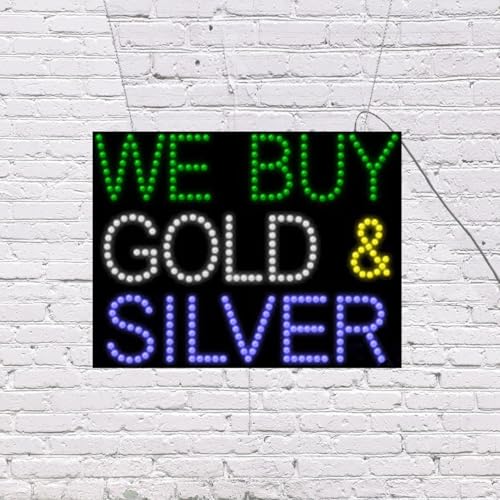 LED We Buy Gold & Silver Sign for Retail Business Displays |Advertising Electronic Light Up Sign for Windows Walls | 20"h x 26"w x 1"d