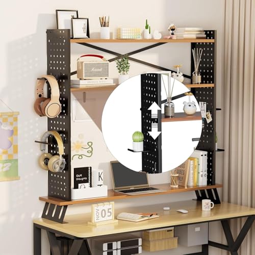 GUODDM 3 Tier Desk Hutch with Adjustable Wood Shelf & Pegboard Trays, Computer Desktop Bookcase Metal(Black,70 * 20 * 93CM)