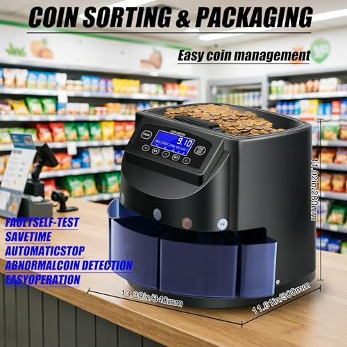 Coin Counter Machine, Electric Coin Sorter and Wrapper with LCD Display, 300-500 Coins Capacity Automatic Change Counter & Roller for Home Office Retail - High-Speed Counting
