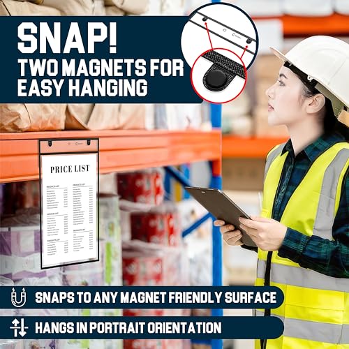 Huge Magnetic Dry Erase Pockets by Two Point (25-Pack) - Portrait - Fits 11 x 16.5 inch Pages, Black Dry Erase Sleeves, Job Shop Ticket Holders, Clear Paper Sleeves Protector, Magnetic Folder Pouch