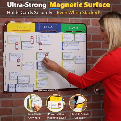 PMXBOARD 3-Column Magnetic Kanban Board Kit – Board + 47 Magnetic Cards | Flex Dry Erase Scrum & Project Planning Whiteboard