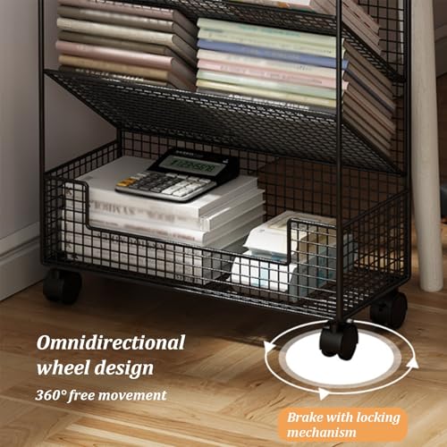 Metal Rolling Book Cart, 5 Tier Slim Book Rack Storage Bookshelf with Wheels, Large Capacity Mobile Multfunctional Library Cart for Storing Books Magazines Newspapers(Black)