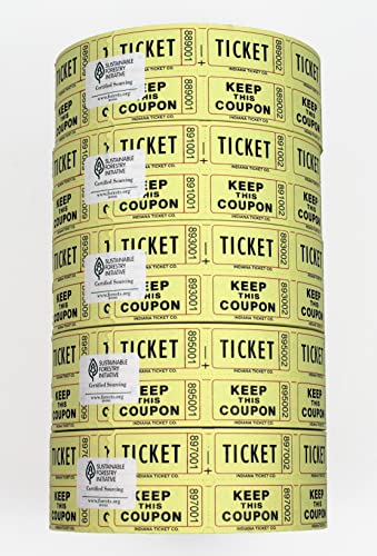 Raffle Tickets Roll, Yellow, 10,000 Consecutively Numbered