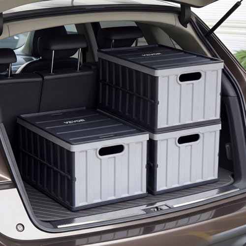 VEVOR Plastic Collapsible Storage Bins with Lids, 65L 3 Packs, Stackable Folding Storage Crates with Handles, Holds 84 lbs Per Bin, Heavy Duty Containers, Space-Saving Baskets, for Home Organizing
