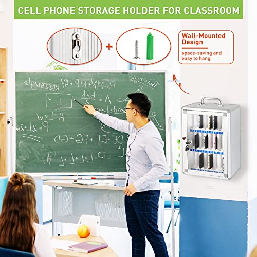 Aluminum Alloy Pocket Chart Cell Phones Storage Cabinet for Cell Phones,Wall-Mounted with a Locked,Can be Carried by Hand (Silver 24 Slots)