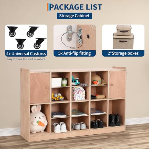 GarveeTech Cubby Tray Storage Cabinet with 2 Doors, Storage Organizer Cubes with 2 Anti-Flip Fittings, 4 Castors and 2 Boxes for Home, School, Kindergarten, Classroom Furniture, Natural