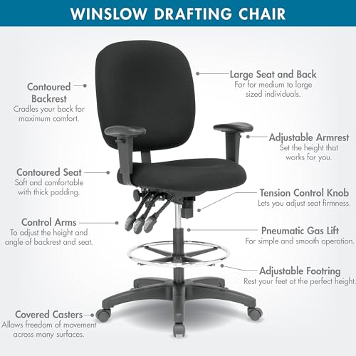 Studio Designs Winslow Drafting Work Chair with Foot Rest - Adjustable Height Chair - Contoured for Desk or Drafting Table